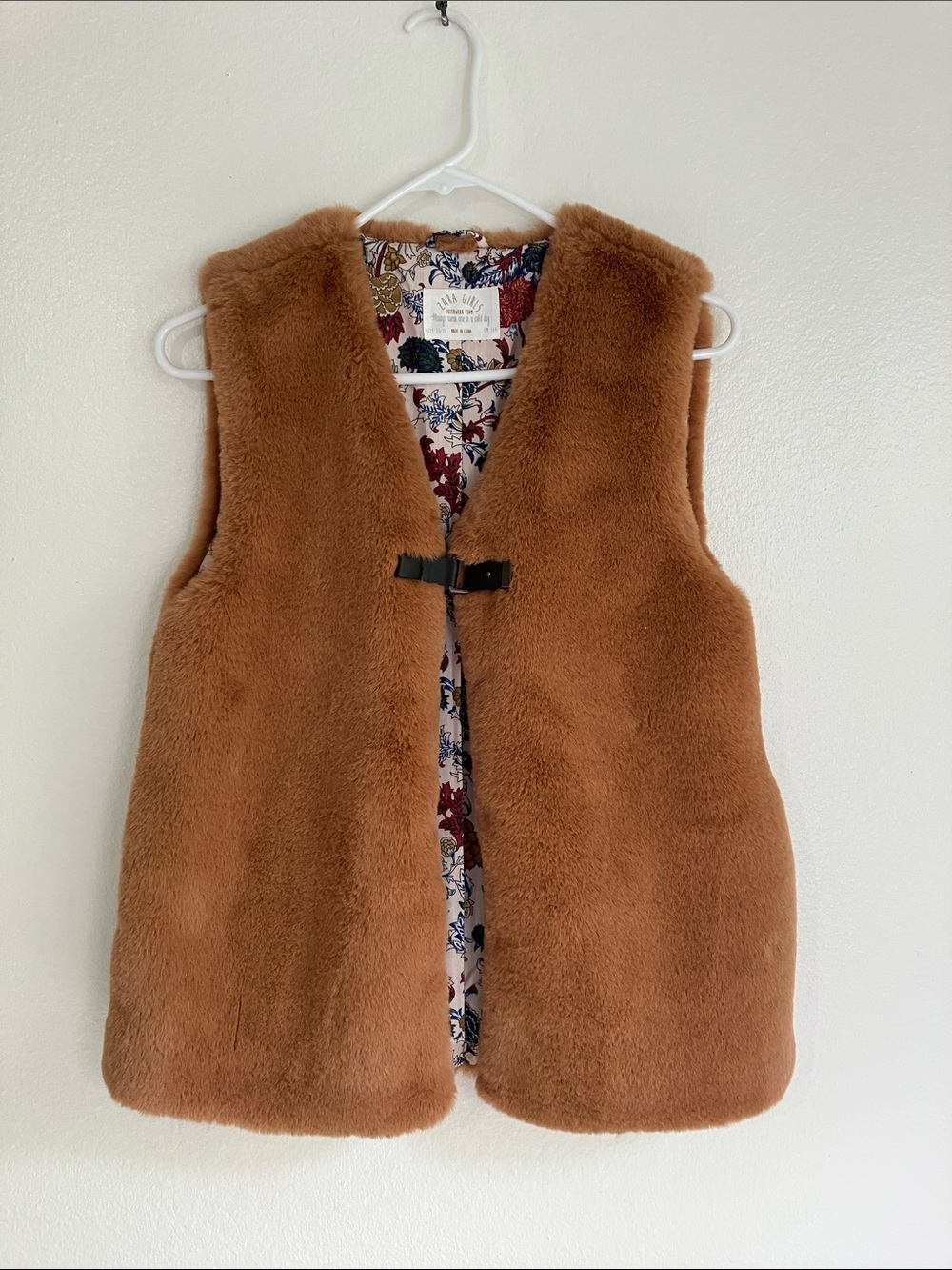 Girls' Plush Faux Fur Vest in Camel with Floral Lining